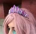 Detailed view of handmade purple crystal bridal crown on pink hair model for wedding - Purple + Silver Wire Silver Headband