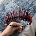 Close-up of handmade crown featuring raw red and black natural crystal points - Crimson Black Brown + Black Wire Black Headband