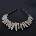 Handmade bridal crown featuring natural white crystal pillars on a black headband - White + Rose Gold Wire Silver Headband