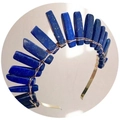 Detail of handcrafted blue lapis lazuli stones woven with gold wire on a bridal crown - Lapis Lazuli + Gold Wire Gold Headband