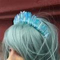 Detail of handmade light blue natural crystal crown headband on model with green hair - Blue + Silver Wire Silver Headband