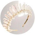 Detailed view of natural white crystal crown with gold wire wrapping for bridal headwear - Plated White + Gold Wire Gold Headband