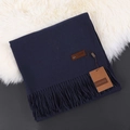 Navy blue Morandi cashmere-feel scarf with long tassels and premium leather brand tag - Navy Blue