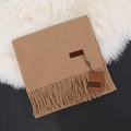 Morandi dark camel cashmere scarf with tassels and premium brand leather label - Golden Camel