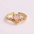 Detail of gold floral ring with pink heart-shaped stone and cubic zirconia accents - Pink Heart Main Stone Flower Style (JZ267-3)