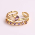 Detail of gold-plated open ring featuring a purple and opal heart-shaped stone - Purple Teardrop Heart Patchwork Style (JZ267-11)