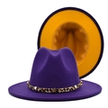 Detail view of purple fedora hat featuring leopard print band and golden star stud - M (56-58cm) / Purple with Yellow Inside