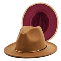 Two-tone wool fedora hat in camel and wine red with a stylish metal buckle band - Camel (Outer Camel Inner Wine Red)