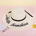 Wide brim straw sun hat with Hello Sunshine embroidery and chic black ribbon detail - M (56-58cm) / White