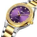 Luxuriöse Damen Quarzuhr in Gold und Silber mit lila Zifferblatt und Kristallen - Gold Silber Bicolor Violettes Zifferblatt