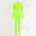 Detail of neon green ribbed bodysuit featuring a front zipper and long sleeve fit - S / Green