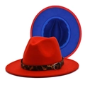 Cappello fedora in lana rosso e blu reale con cintura leopardata e fibbia in metallo - M(56-58cm) / Rosso con Interno Blu Reale