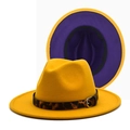 Dettaglio cappello fedora in lana gialla con fodera viola e fascia leopardata - M(56-58cm) / Giallo con Interno Viola