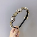 Baroque retro headband with gold flower, white pearls and light brown crystals - Champagne