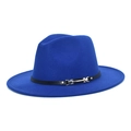 Detail of navy blue wool fedora hat featuring a leather strap and silver metal buckle - M (56-58cm) / Royal Blue