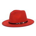 Detail showing the red wool fedora hat texture with black leather band and gold buckle - M (56-58cm) / Orange Red