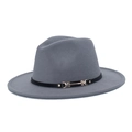 Close-up of grey wool fedora hat featuring a black leather band and gold metal buckle - M (56-58cm) / Light Gray
