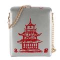 Detail of silver takeout box bag with red pagoda print and golden chain strap - Silver