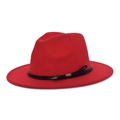 Close-up of red wool fedora hat featuring a black leather belt and silver metal buckle - M (56-58cm) / Red