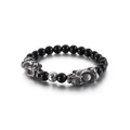 Bracelet artisanal en perles noires avec breloques Pi Xiu argentées et gravure福 - Double PiXiu avec Perle Ronde (KB122867-BDJX)