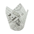 White tulip cupcake liner with vintage newspaper print for baking muffins and cakes - Pack of 50 / White with Letter Print