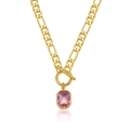 Gold Figaro chain necklace featuring a pink rectangular gemstone pendant and OT buckle - 18K Gold / Raspberry Pink (KN0088)