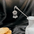 Close-up of silver hair pin with fan-shaped charm and turquoise floral tassel details - Silver/F237/Fan-shaped Pendant