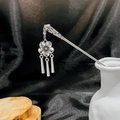 Detailed silver hair pin with floral carving, tassel pendants and cloud pattern accents - Silver/F235/Cloud Flower Tassel