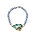 Blaues Kristallperlenarmband mit goldumrandetem grünem Druzy-Achat-Anhänger für Damen - Grüner Achat/Blaue Perlen