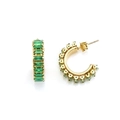French vintage gold C-shape hoop earrings with emerald green zircon stones on white background - Green