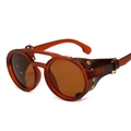Steampunk round sunglasses with amber frames, brown lenses, and leather side shields - Tea Frame Tea Lens