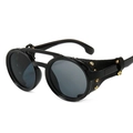 Vintage Steampunk-Sonnenbrille mit schwarzen Rundrahmen und Leder-Seitenschutz mit Nieten - Schwarzer Rahmen Schwarz Graue Gläser