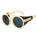 Vintage-Steampunk-Sonnenbrille mit runden cremefarbenen Rahmen und Lederschutz - Gelber Rahmen Graue Linsen