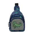 Dark blue kids crossbody bag with green dinosaur print and cartoon rubber patch - T-Rex Patch / Blue