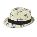 Dettaglio del cappello di paglia beige chiaro con stampe di palme blu e nastro nero - Adulto 56-60cm / Albero di Cocco Beige