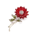 Elegante spilla a fiore con petali di cristallo rosso, foglie verdi e diamanti - Rosso