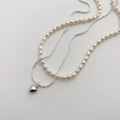 Double-layered necklace with freshwater pearls and silver heart pendant on white background - Heart Tag / Silver