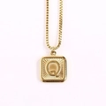 Minimalist gold square pendant necklace featuring letter Q with box chain on white background - Letter Q