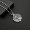 Retro punk stainless steel Saint Benedict medal pendant necklace on a silver box chain - Vintage Steel Pendant