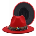 Red felt fedora hat with turquoise gemstone and bohemian beaded fringe decoration - M(56-58cm) / Red Outer Black Inner