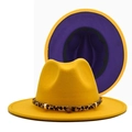 Stylish yellow wide brim wool felt fedora hat with leopard band and gold star details - M (56-58cm) / Yellow with Purple Inside