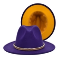 Dettaglio di un cappello fedora bicolore viola e arancione con una fascia intrecciata dorata - M(56-58cm) / Viola + Arancione Contrasto