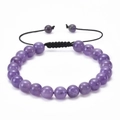 Detail of purple natural stone beads and adjustable black woven cord on the handmade bracelet - Amethyst