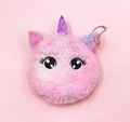 Close-up of pink plush unicorn purse with sequin horn and metal ball chain accessory - Big Eyes Pink Style