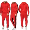 Vista a tre angoli di una tuta sportiva rossa da uomo con cappuccio e strisce laterali - Taglia M / Top E Pantaloni / Rosso
