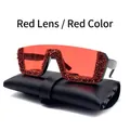Oversized semi-rimless red rhinestone sunglasses with a black leather storage pouch - Red Lens Red Rhinestone