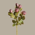 Single stem of deep purple vintage artificial rose with multiple blooms and green leaves - 5 Heads/Branch / Light Purple