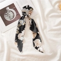 Floral print hair scrunchie with long scarf streamers in black and white silk texture - Triangle Streamer / Black