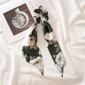 Floral print hair scrunchie with long scarf tails in dark green chiffon fabric - Triangle Streamer / Green
