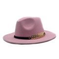 Detail of light pink wool felt fedora with black leather band and gold leaf metal buckle - M (56-58cm) / Pink